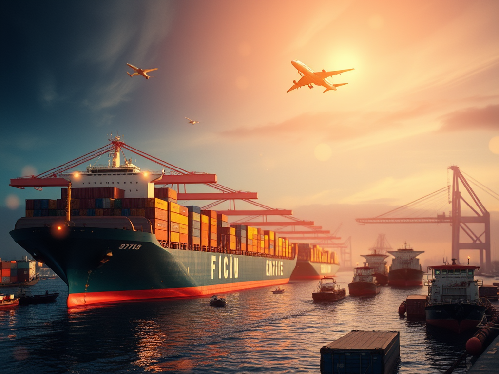 an illustration related to international import logistics, featuring cargo ships, airplanes, and global trade symbols